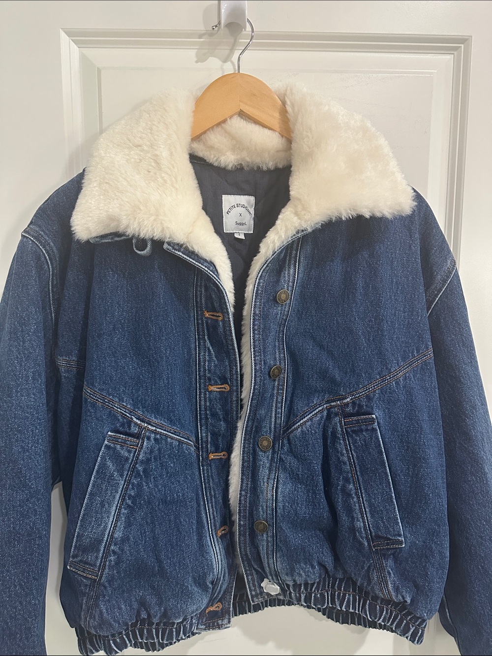 Petite Studio Blue Denim Jacket with Cream Sherpa Collar